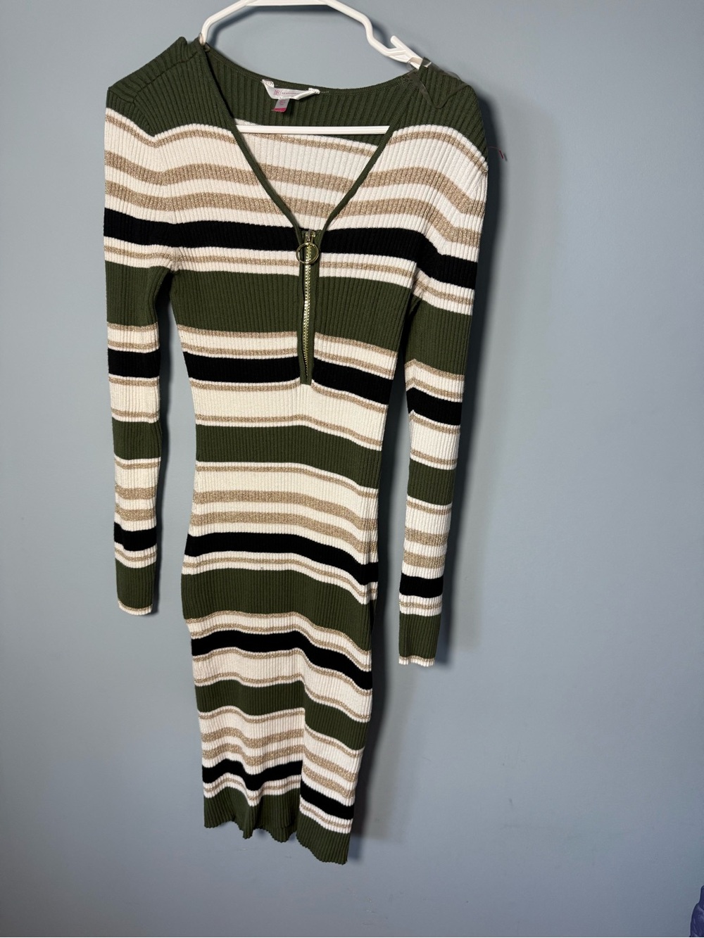 No Boundaries Olive, Cream, Black & Beige Striped Ribbed V-Neck Sweater Dress